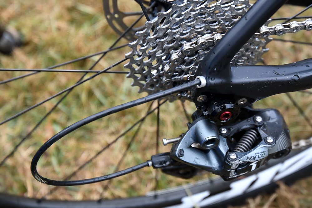 Sunny Gilbert's husband/mechanic Doug custom drilled her frame for internal cable routing.