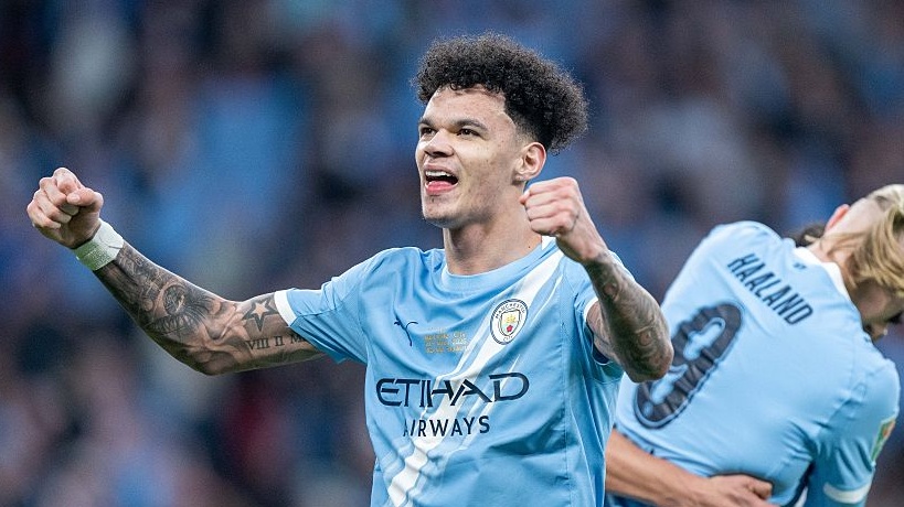 Nico O'Reilly of Manchester City celebrates after scoring his side's second goal during the Carabao Cup Final match Arsenal and between Manchester City at Wembley Stadium on March 22, 2026 in London, England. 