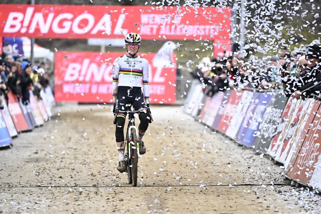 Dutch Fem Van Empel and pictured crossing the finish line of the women's elite race at the Cyclocross World Cup cyclocross event in Besancon, France, , the eighth stage (out of 12) in the World Cup of the 2023-2024 season.
BELGA PHOTO JASPER JACOBS (Photo by JASPER JACOBS / BELGA MAG / Belga via AFP)