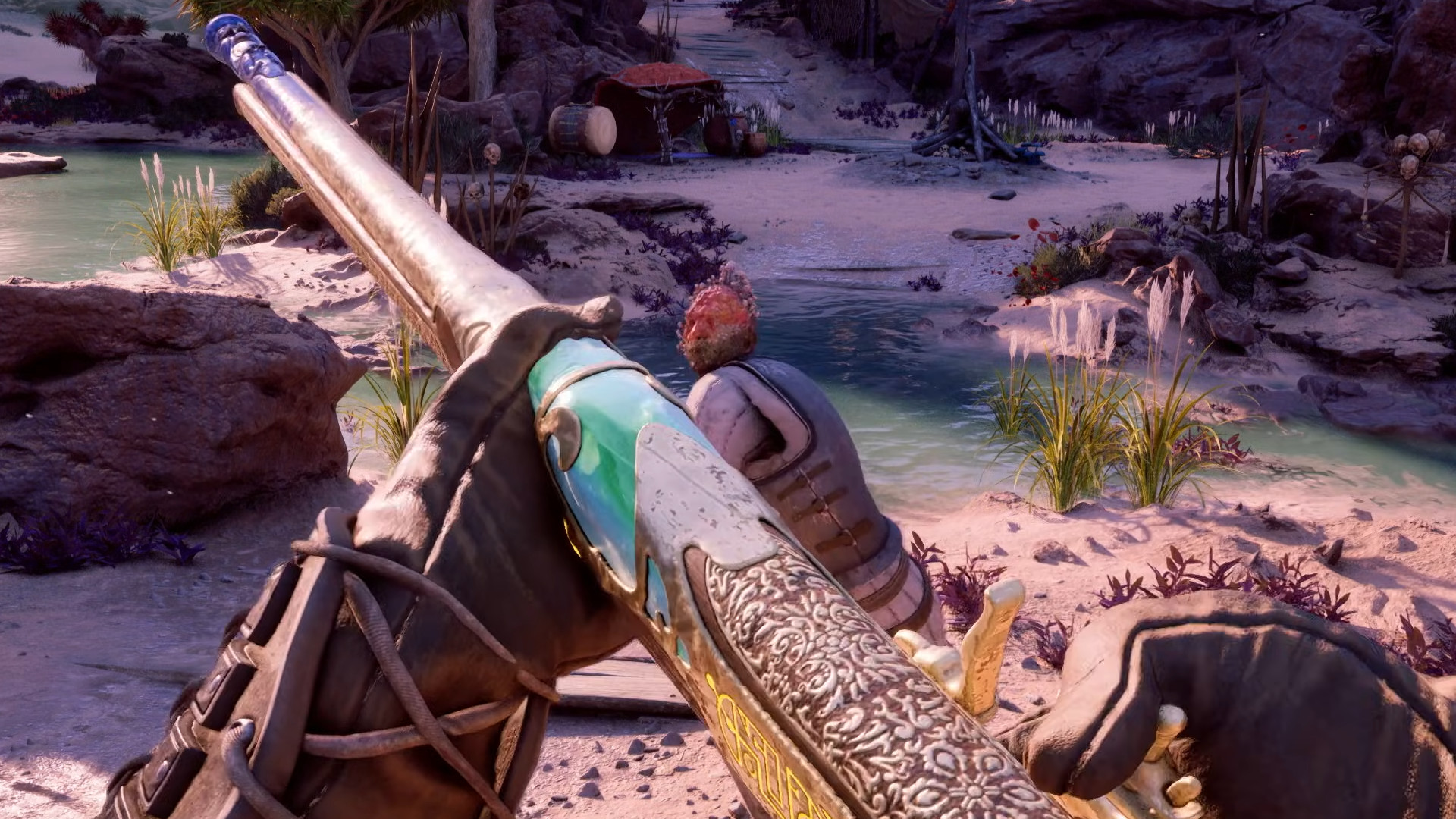 A player holding a gun while exploring the Living Lands in the relaxing RPG, Avowed.