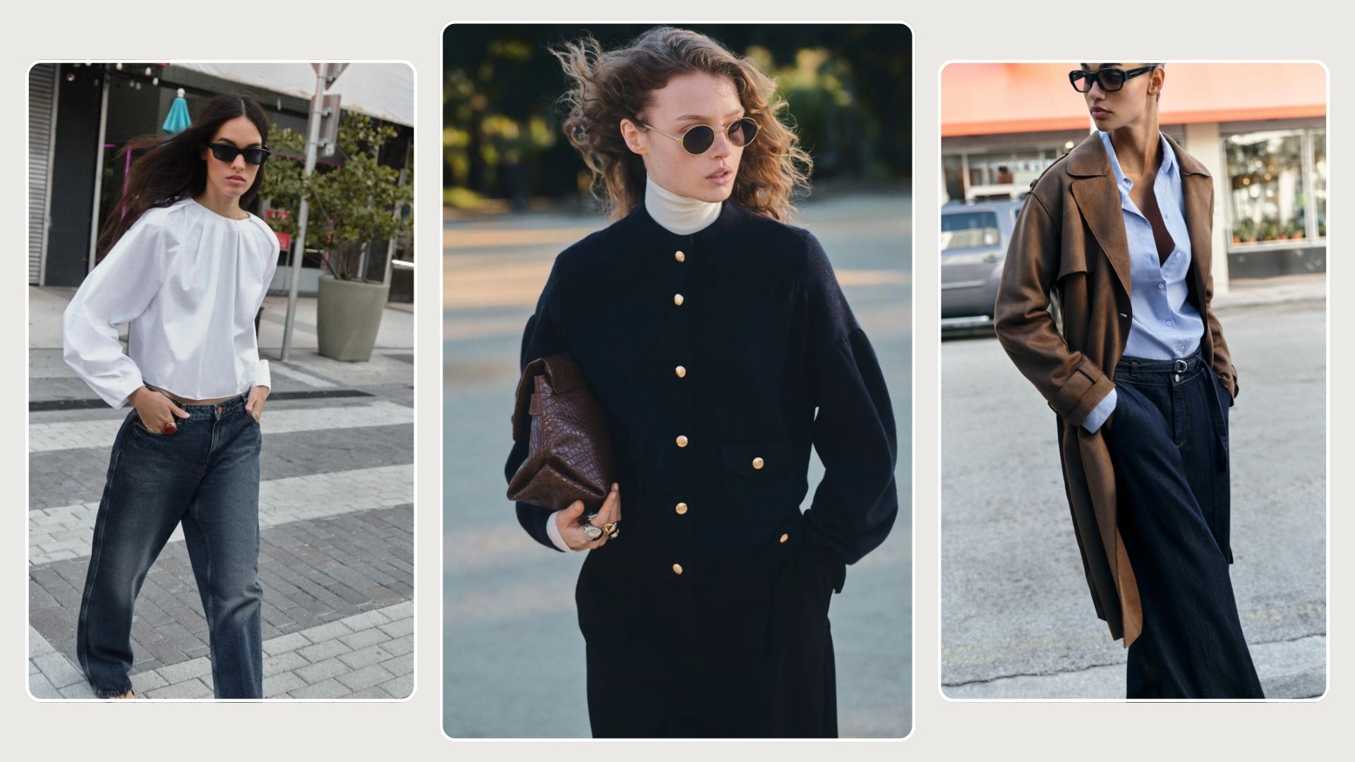 Model wears white top, blue jeans; model wears navy knit with gold buttons and tailored trousers; model wears brown suede trench coat, blue shirt and navy trousers