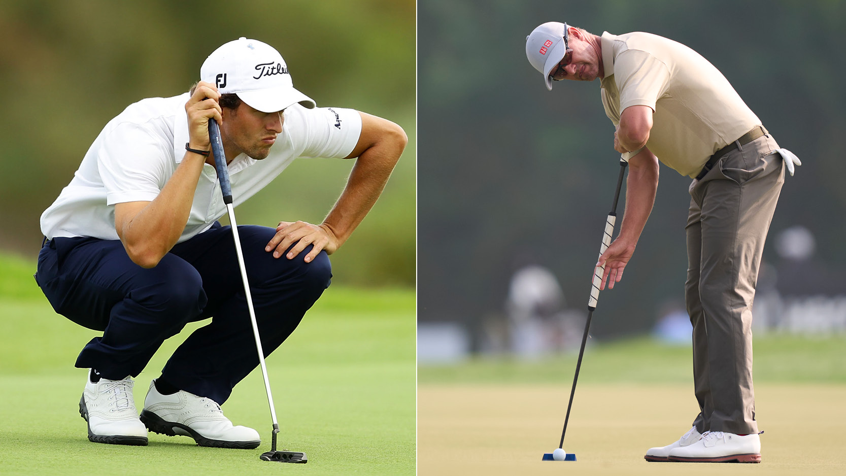 Adam Scott lines up a putt, Adam Scott hits a putt