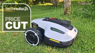 Yuka Mini lawnbot in tester's yard, with Price Cut logo