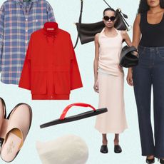 A collage of spring fashion items to shop, including shoes, jackets, jeans, and accessories.