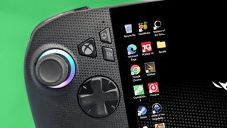 A closeup of the ROG Xbox Ally X's D-Pad, Xbox button, and joystick.