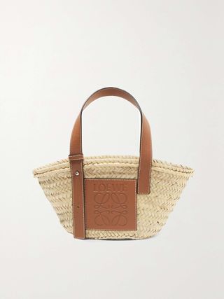 Small Leather-Trimmed Woven Raffia Tote