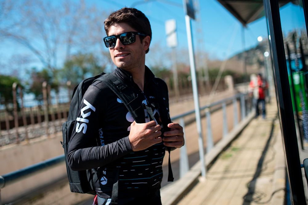 Sky's Spanish rider Mikel Landa arrives at his team's coach before the first stage of the 97th Volta Catalunya