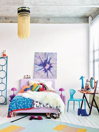 A bedroom with multicolored furniture pieces