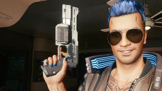 Cyberpunk 2077 - Punk with blue hair and neon collar holds up cyber-revolver