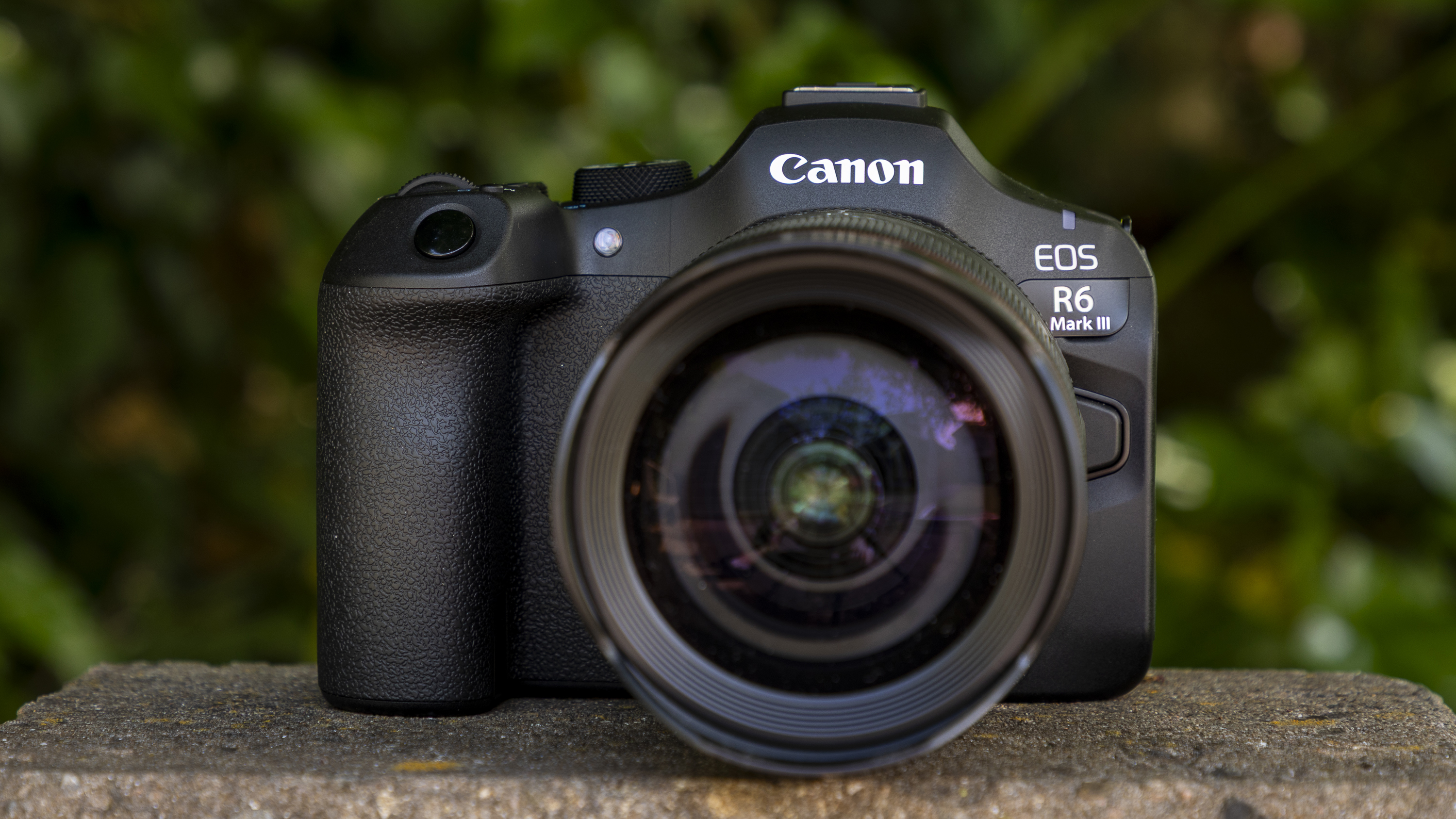 Canon EOS R6 Mark III on a wall with green background 