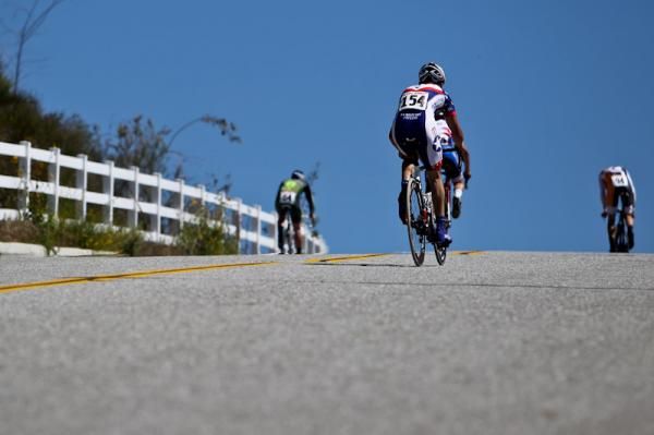 Riders get bunched up near the top of the climb and the TT finish.