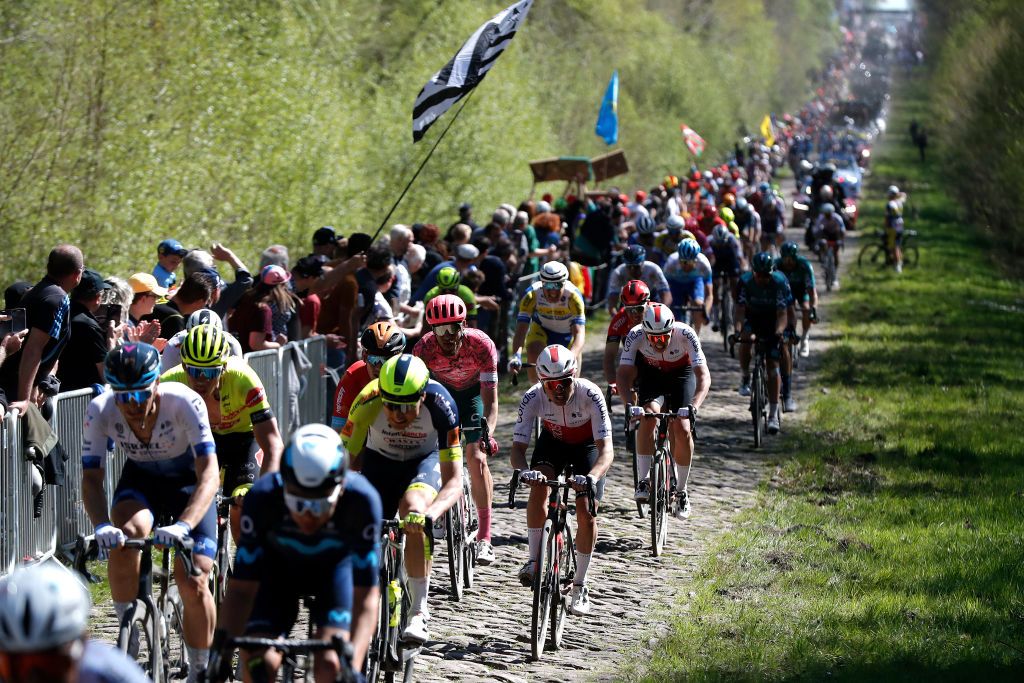ROUBAIX FRANCE APRIL 17 LR Jonas Rutsch of Germany and Team EF Education Easypost and Davide Cimolai of Italy and Team Cofidis compete passing through La Troue dArenberg cobblestones sector during the 119th ParisRoubaix 2022 Mens Elite a 2572km one day race from Compigne to Roubaix ParisRoubaix WorldTour on April 17 2022 in Roubaix France Photo by Bas CzerwinskiGetty Images