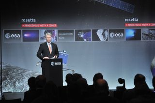 ESA's Thomas Reiter, Director of Human Spaceflight and Operations, welcomes participants to the Rosetta wake-up day at ESA's European Space Operations in Darmstadt, Germany on Jan. 20, 2014.
