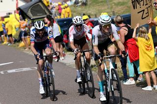 POLIGNY FRANCE JULY 21 LR Kasper Asgreen of Denmark and Team Soudal Quick Step Ben Oconnor of Australia and Ag2R Citron Team and Matej Mohoric of Slovenia and Team Bahrain Victorious compete in the breakaway during the stage nineteen of the 110th Tour de France 2023 a 1728km stage from MoiransenMontagne to Poligny UCIWT on July 21 2023 in Poligny France Photo by Tim de WaeleGetty Images