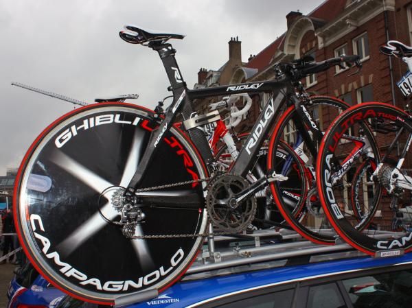 Sharp points are included on both the chain stays and seat stays of Mikhail Ignatyev's (Katusha) Ridley time trial spare.