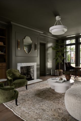 traditional style living room with olive green walls