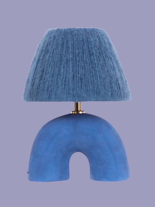 Handmade Blue Ceramic Table Lamp With Steel Blue Wool Shade