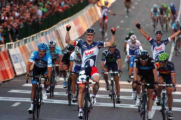 Andr&eacute; Greipel (Lotto-Belisol) celebrates his victory in the Down Under Classic.