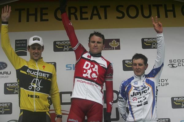 Tour of the Great South Coast Stage 5 podium: Luke Davison (Budget Forklifts), Gordon McCauley (Drapac), Jordan Kerby (Jayco / Apollo / VIS)