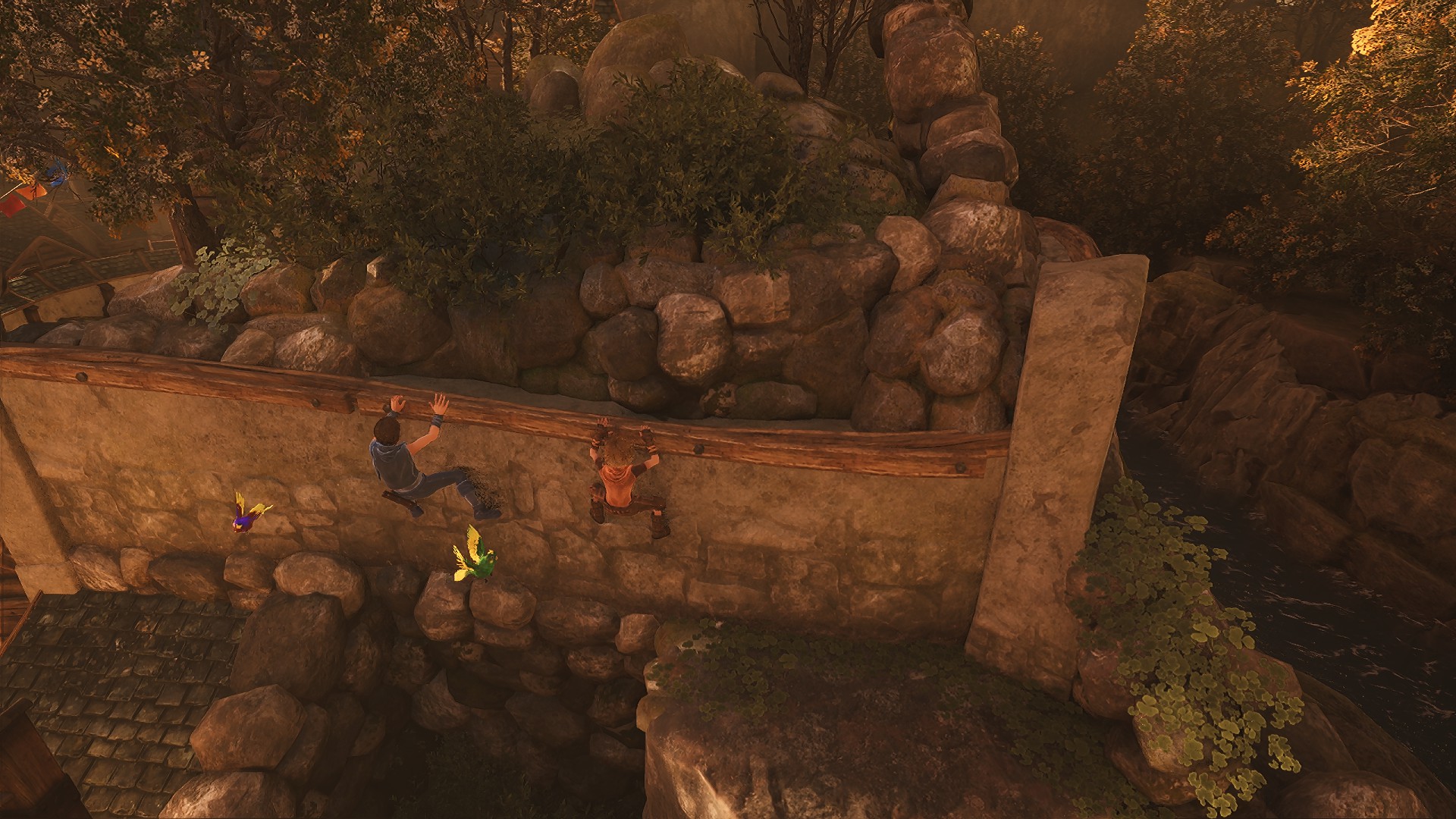 The brothers climbing along a ledge in Brothers: A Tale of Two Sons Remake.