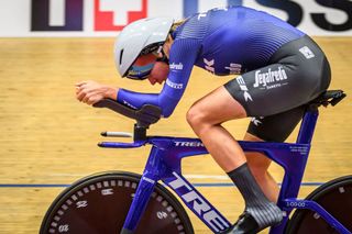 Dutch rider Ellen Van Dijk races during her world hour record attempt in the Velodrome Suisse an indoor velodrome in Grenchen northern Switzerland on May 23 2022