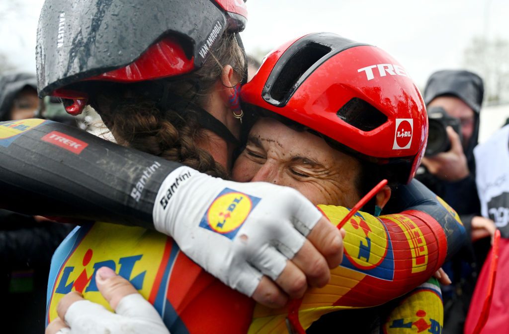 OUDENAARDE BELGIUM MARCH 31 LR Shirin Van Anrooij of The Netherlands and race winner Elisa Longo Borghini of Italy and Team Lidl Trek react after the 21st Ronde van Vlaanderen Tour des Flandres 2024 Womens Elite a 163km one day race from Oudenaarde to Oudenaarde UCIWWT on March 31 2024 in Oudenaarde Belgium Photo by Luc ClaessenGetty Images