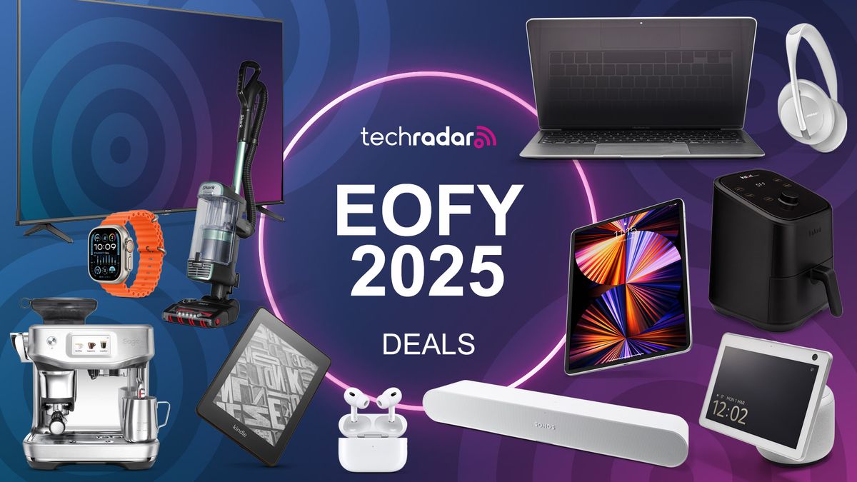 Assortment of techn on a purple and pink gradient background with &quot;EOFY 2025 DEALS&quot; text in white in the centre.