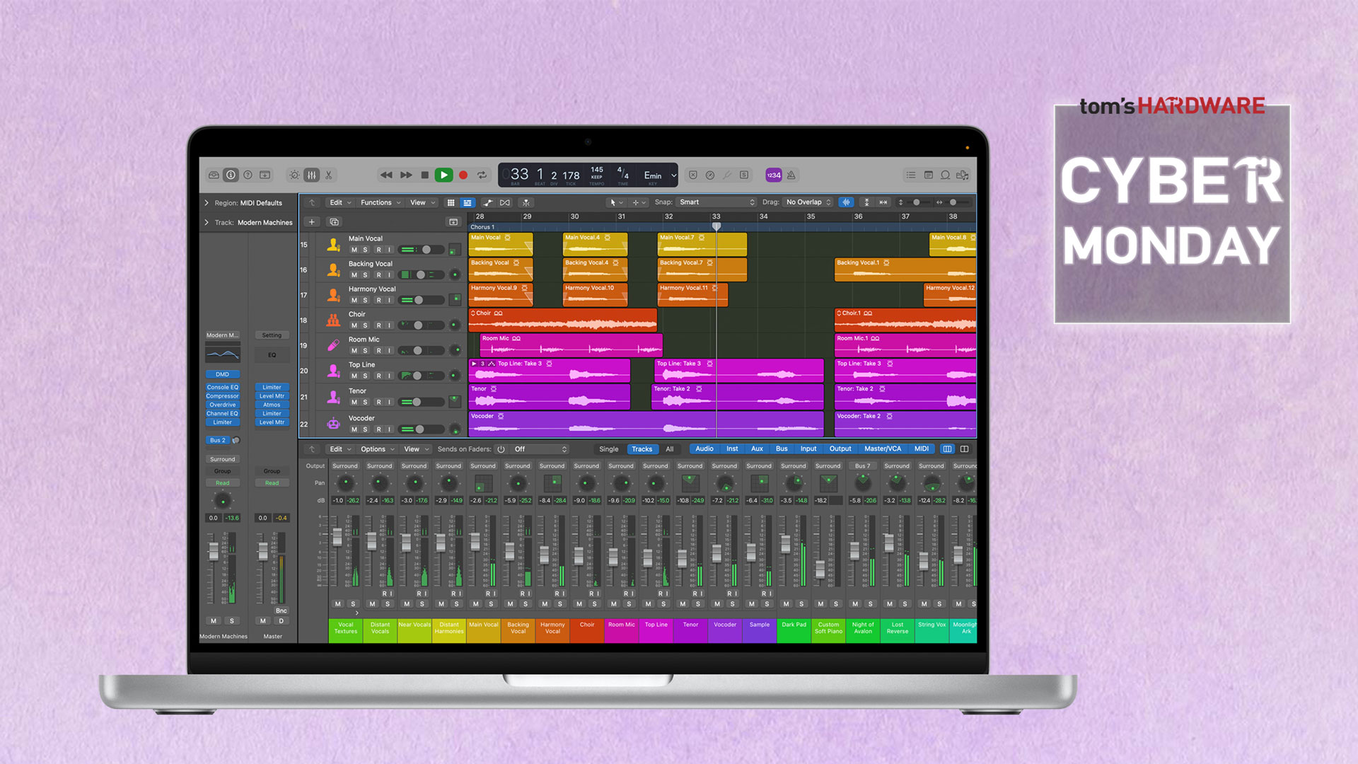 14-inch MacBook Pro on a purple background with a badge that reads "Cyber Monday."