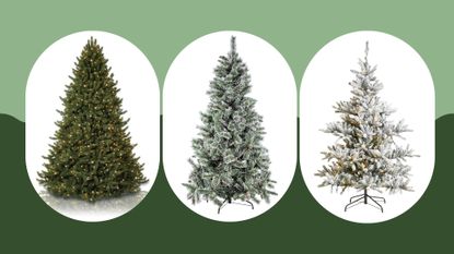 a composite image of three of the best artificial christmas trees on a green background