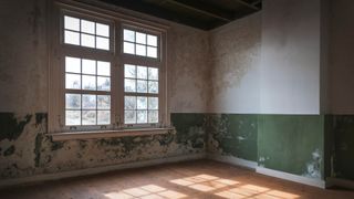 A photograph of an abandoned, old house, showing lighting shining through windows and highlighting a wooden floor