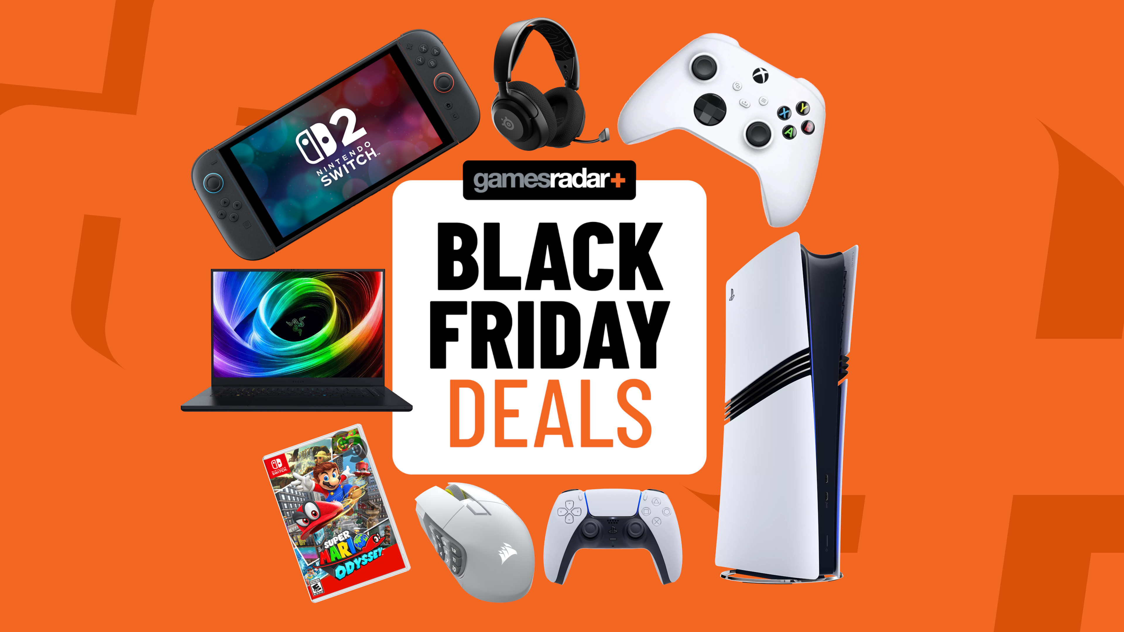 Black Friday deals badge with PS5, Nintendo Switch 2, PC, and Xbox accessories on an orange background