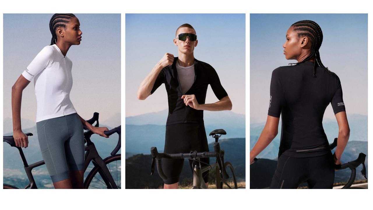 Three images of people wearing H&amp;M cycling kit collection