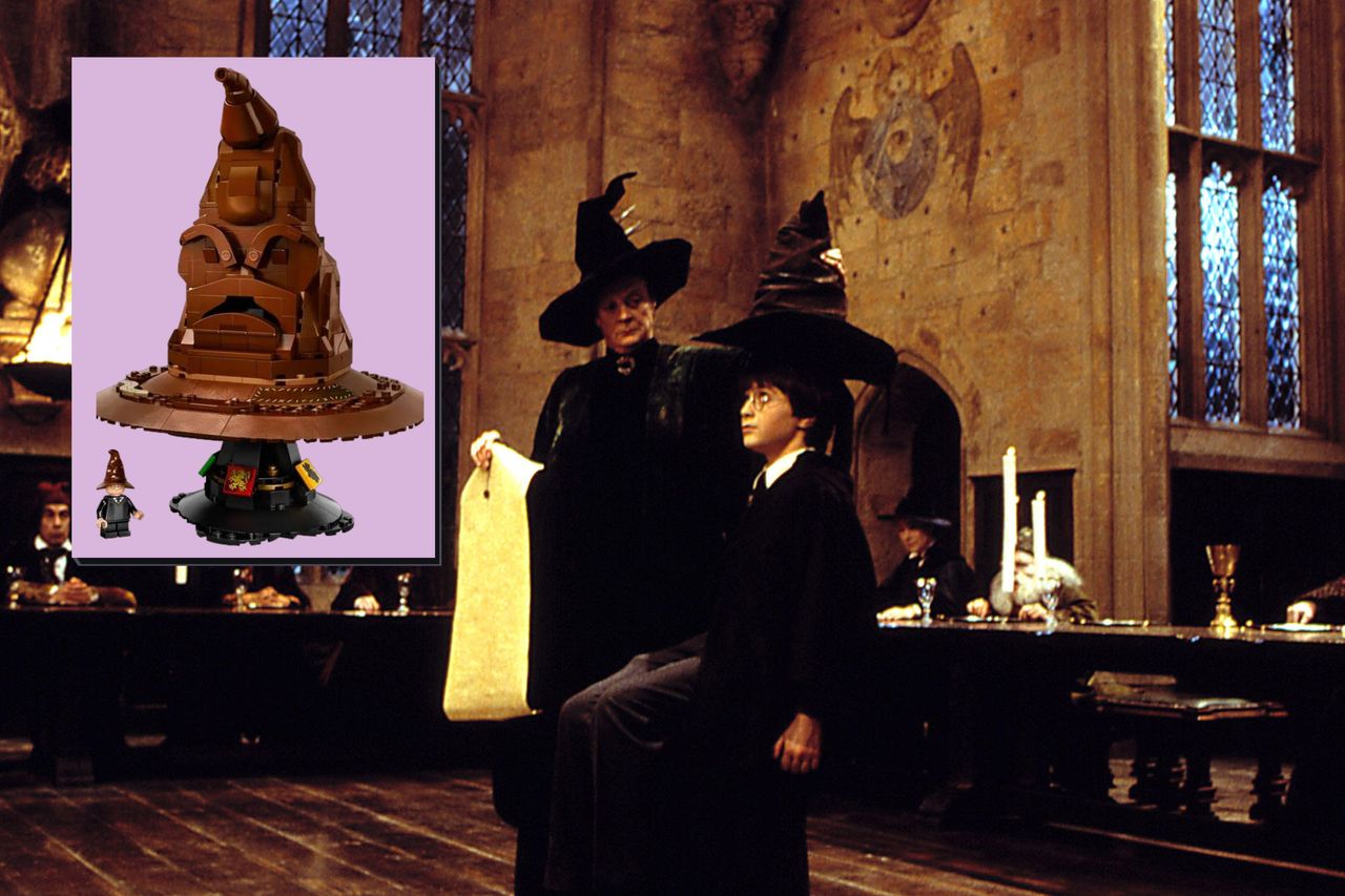 Harry Potter scene where Harry wears the sorting hat with an overlay of the new LEGO Harry Potter Talking Sorting Hat set