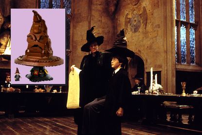 Harry Potter scene where Harry wears the sorting hat with an overlay of the new LEGO Harry Potter Talking Sorting Hat set