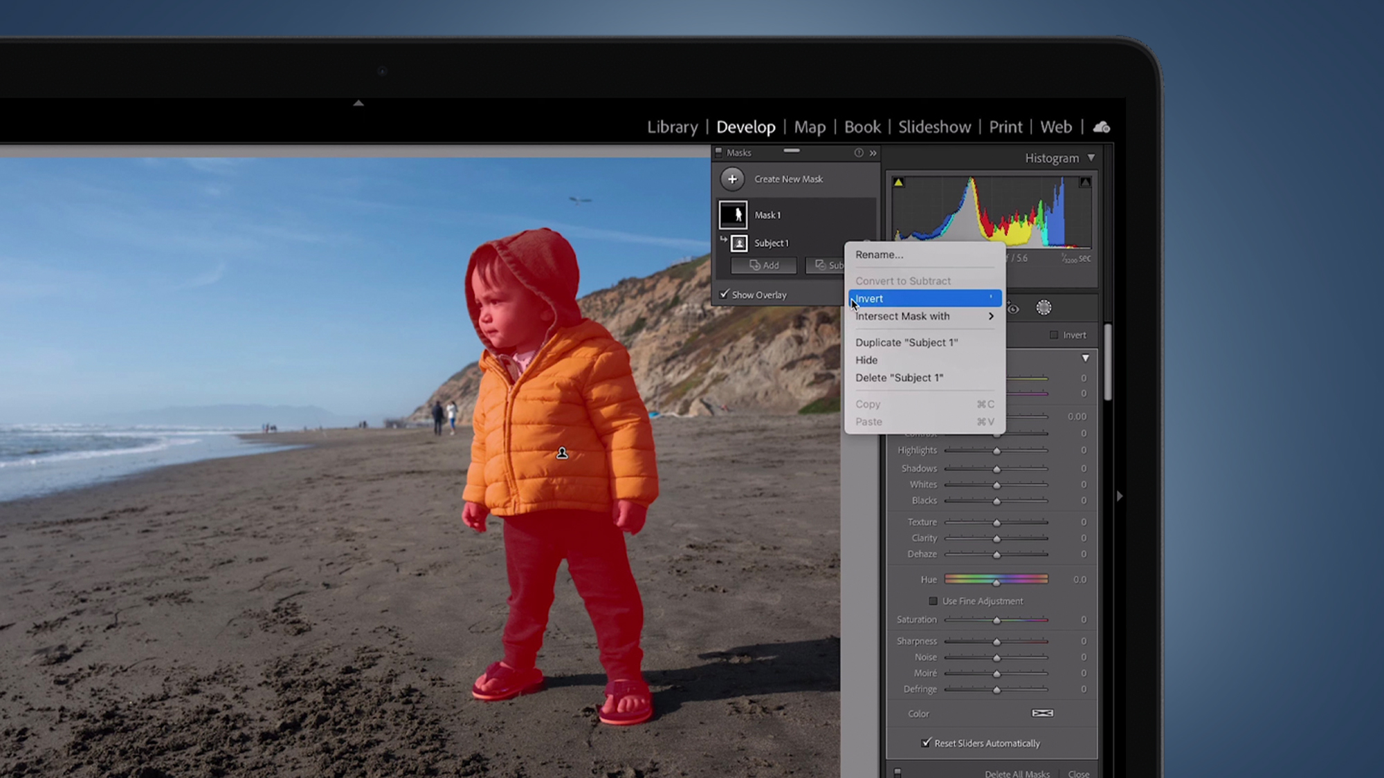Photo of a child being edited in Adobe Lightroom
