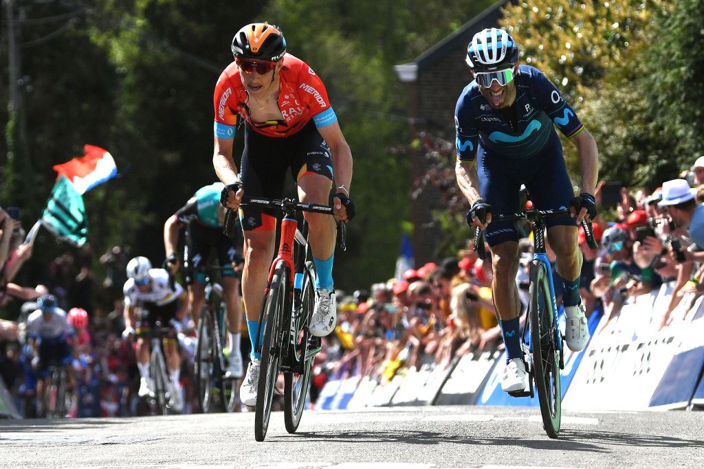 Dylan Teuns beats Alejandro Valverde on the Mur de Huy.