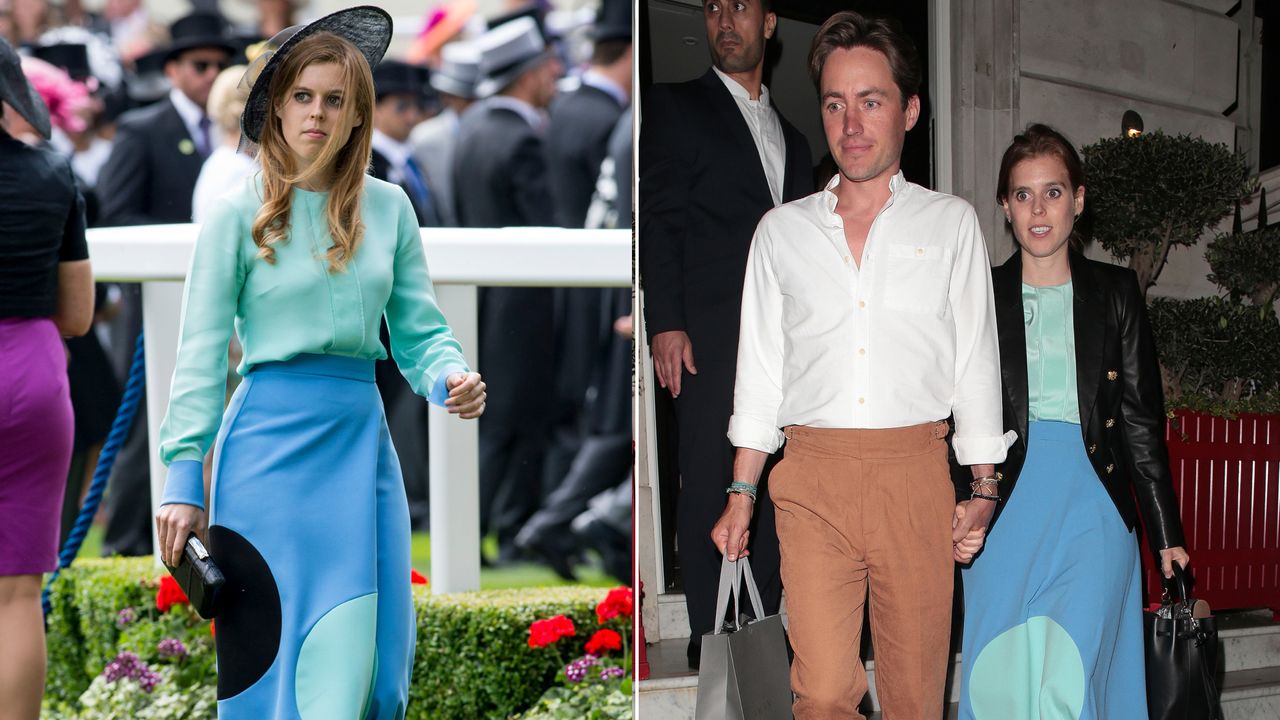 a collage of Princess Beatrice wearing the same skirt and turquoise top on two separate occasions