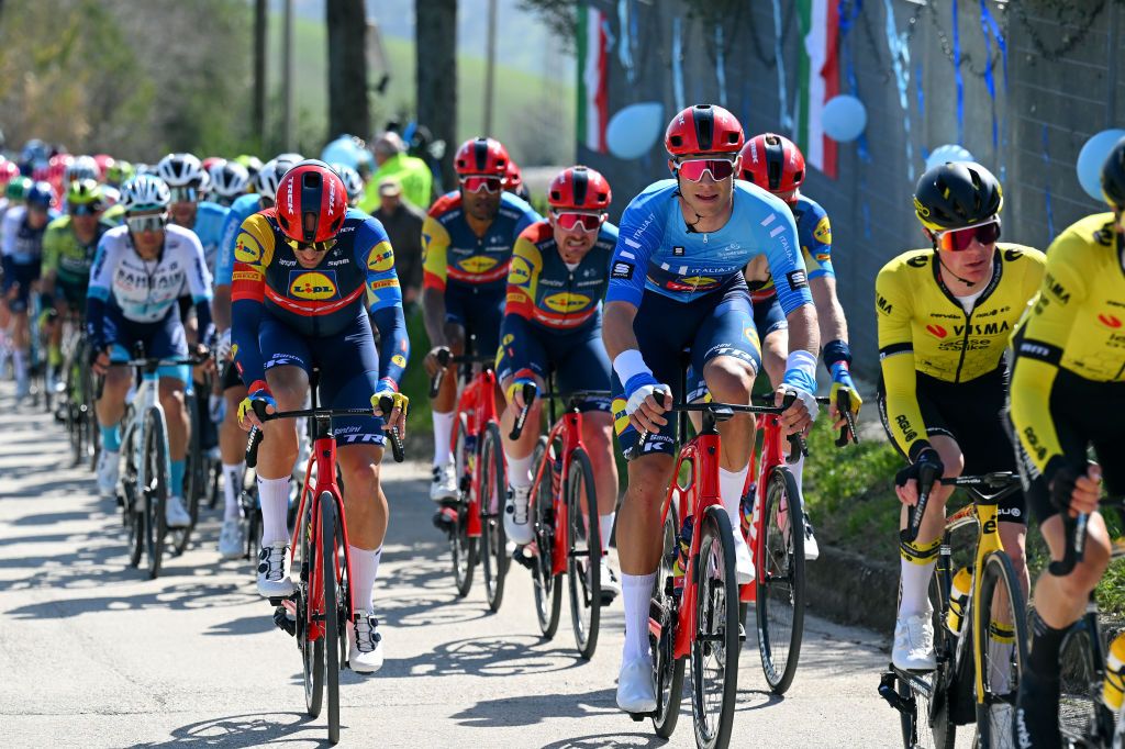 VALLE CASTELLANA ITALY MARCH 08 Jonathan Milan of Italy and Team LidlTrek Blue Leader Jersey competes during the 59th TirrenoAdriatico 2024 Stage 5 a 144km stage from Torricella Sicura to Valle Castellana 615m UCIWT on March 08 2024 in Valle Castellana Italy Photo by Tim de WaeleGetty Images