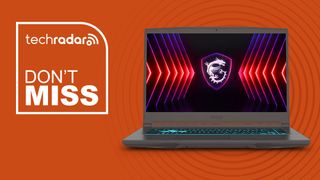MSI Thin 15 gaming laptop on orange background with don't miss TechRadar sign