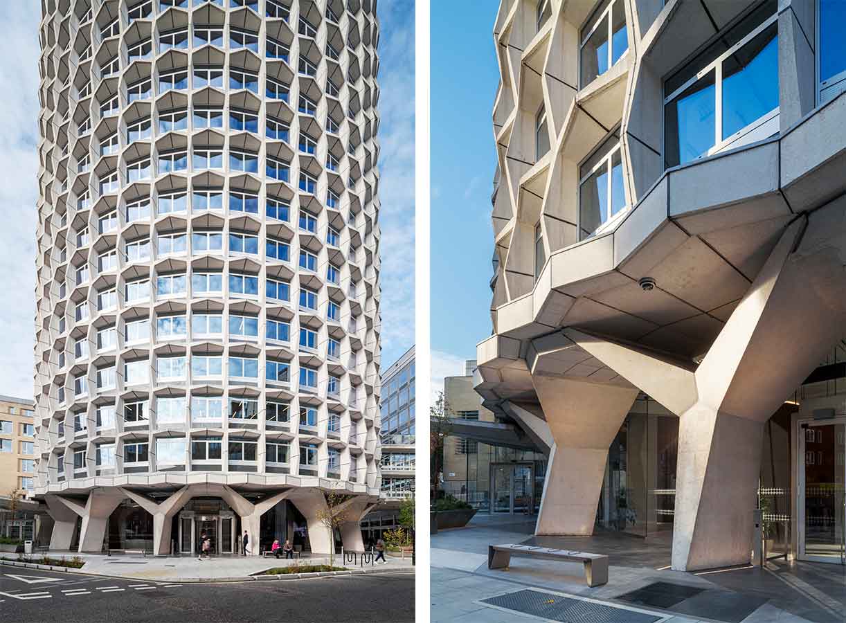 Exterior of brutalist building Space House, London