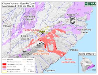 This map shows current and historical lava flows on Hawaii's Big Island. The blue flames burned in the Leilani Estates. The light purple areas on the map show where lava flows erupted in 1840, 1955, 1960 and 2014-15. The pink and red areas show where lava has flowed, and is flowing, during this eruption.