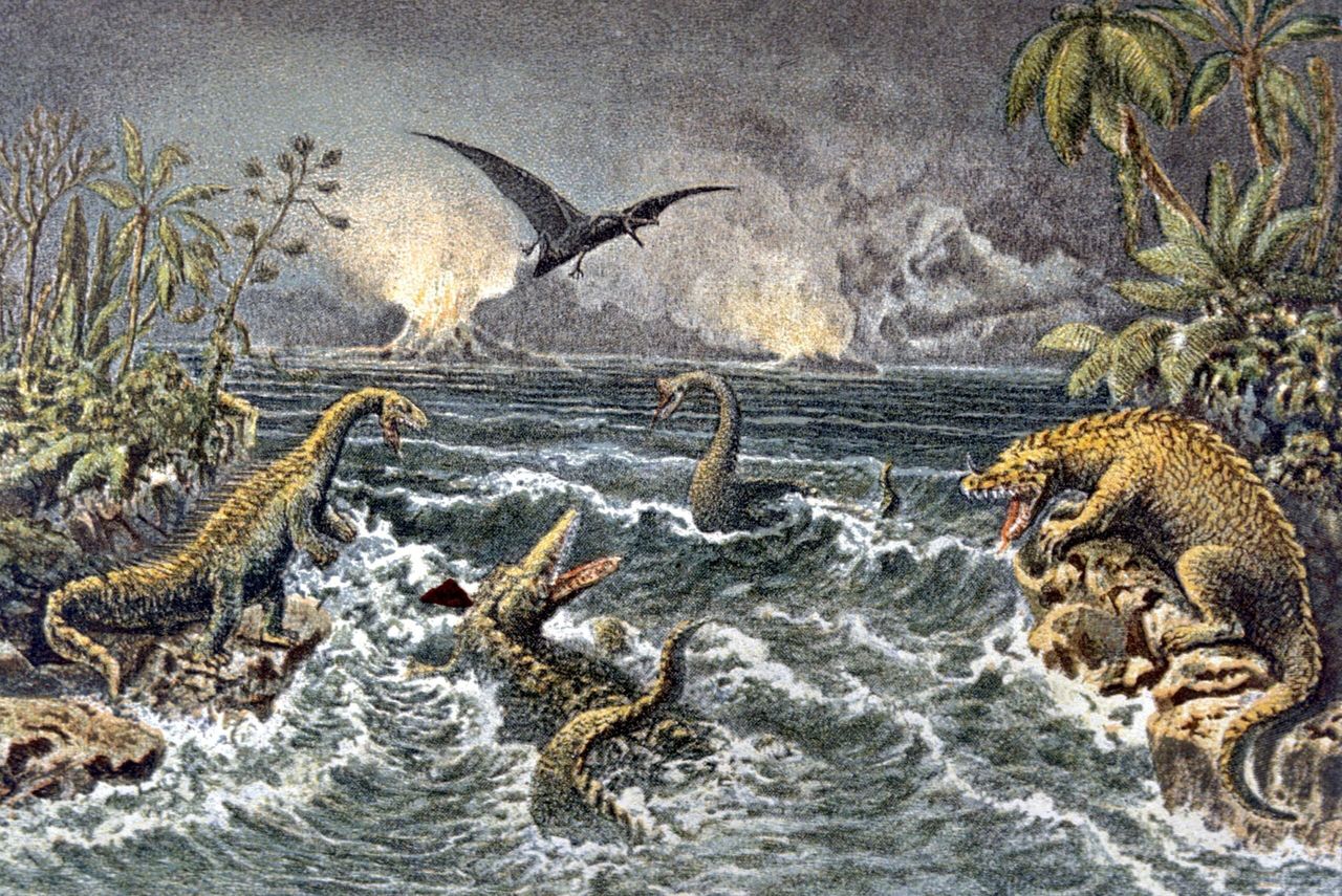 Prehistoric monsters in a lithographic plate from the Flammarion edition of Le Monde Avant le Creation de l&#039;Homme, 1870.