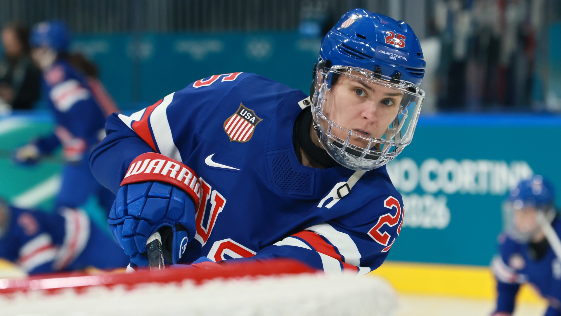 The USA's Alex Carpenter in 2026 Winter Olympics ice hockey action