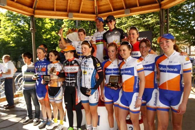All of the classification winners on the podium, which was a bandstand in the centre of Durango