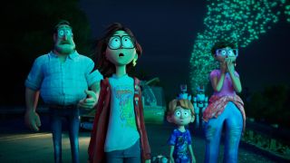 Still from the animated movie "The Mitchells vs. the Machines." A family of four (Dad, daughter, younger son, wife) are looking upwards in shock at the robot uprising.