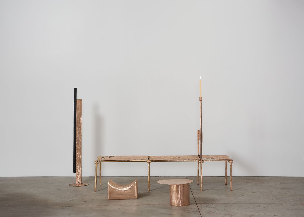 copper furniture by Nifemi Marcus-Bello installed at Marta gallery in LA