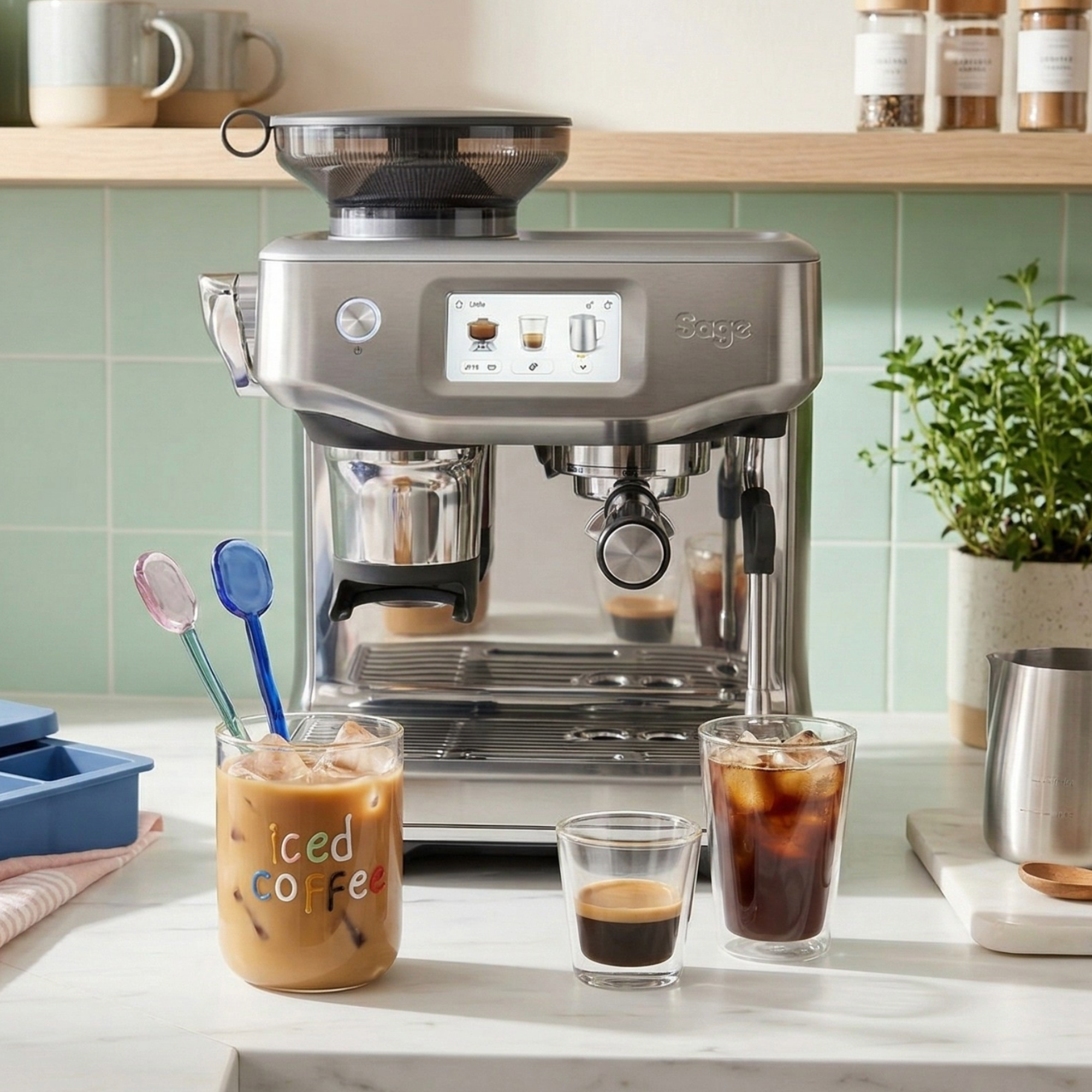 An iced coffee station with a Sage coffee machine, Anthropologie glass and an espresso
