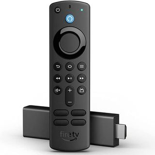 The Amazon Fire TV Stick 4K remote in front of its dongle
