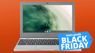 Black Friday graphic over a Samsung Chromebook 4