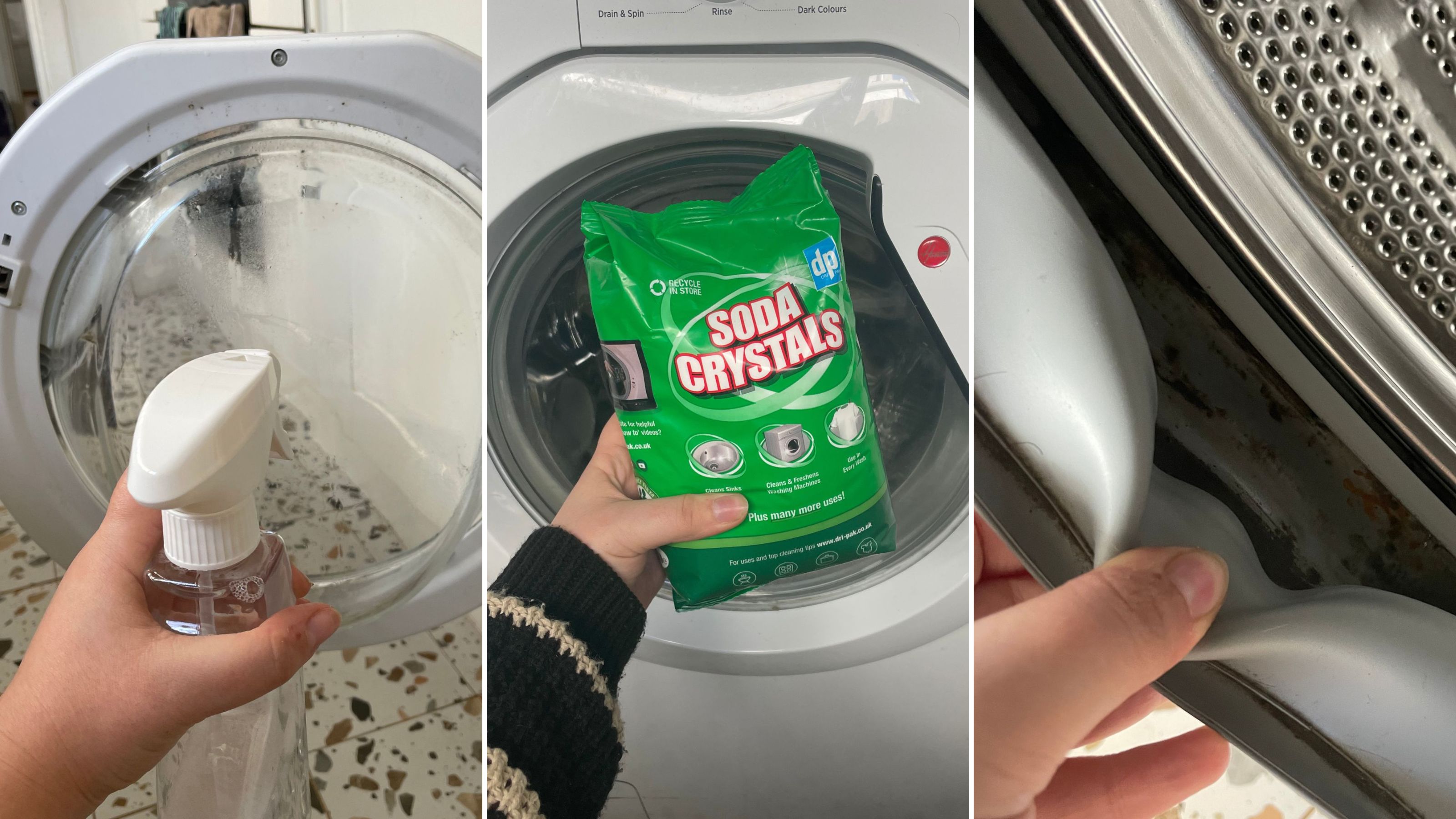 Image split into three. A hand spraying a bottle on a washing machine door, a hand holding a bag of soda crystals in front of a washing machine, and a hand pushing back the seal of a washing machine